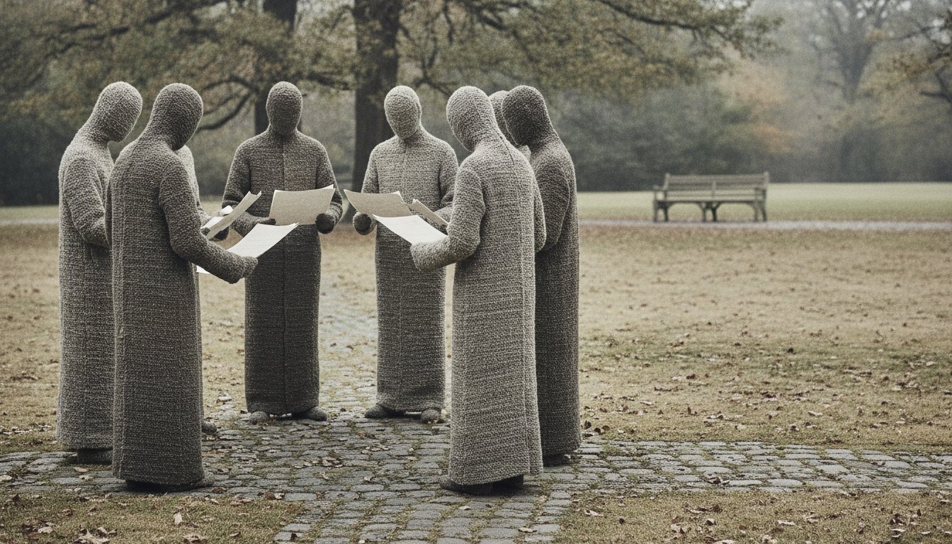 Grupo de vizinhos reunidos ao ar livre conversando em círculo com papéis nas mãos.